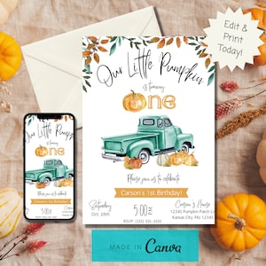 Our little pumpkin first birthday invite| Fall 1st birthday| Little blue truck party| Pumpkin Patch party| Pumpkin 1st birthday