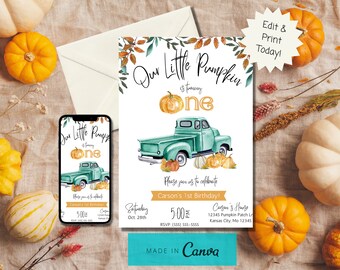 Little Pumpkin 1st Birthday Invitation: Blue Truck, Fall Theme (Canva Template)