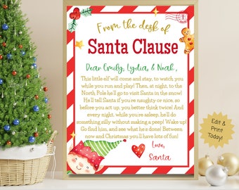 May include: A red and white striped printable Christmas card with a green elf illustration and the text "From the desk of Santa Clause". The card includes a message to Emily, Lydia, and Noah from Santa Claus.