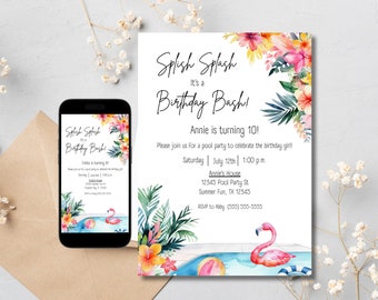 Tropical Flamingo Pool Party Birthday Invitation (Digital Template)