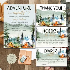 Editable Adventure awaits Baby Shower Invitation Bundle, Woodland Mountain Baby Shower Invite Set, Adventure Baby Shower, invite template