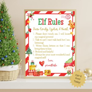 May include: A printable Christmas elf rules poster with a red and white striped background. The poster features a cartoon elf, a gingerbread man, and a stack of presents. The text on the poster reads "Elf Rules" and includes a list of rules for children to follow when interacting with the elf. The poster is titled "Elf Rules" and is addressed to "Emily, Lydia, & Noah".