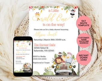 May include: A 5x7 inch printable baby shower invitation template with a jungle theme. The invitation features a cartoon jeep with a giraffe, zebra, elephant, lion, and monkey riding in it. The text on the invitation reads "a Little wild One is on the way!" and includes the name "Allyson Smith", the date "Saturday | March 16th | 10:00 a.m.", the location "The Corner Cafe", the address "12345 Safari St Safariville, NM 12345", and the RSVP information "RSVP to Shelby (555) 555-5555 Registered at Target".