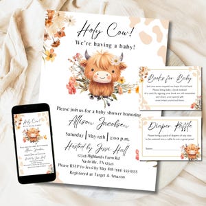 Highland cow baby shower invitation bundle, Floral Cow Baby Shower invite, Highland cow baby shower evite, girl cow baby shower invite