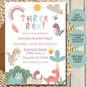 Girls pastel dinosaur birthday invite, Girl Three Rex Party Invite, Cute Dino Pink Template, girl dinosaur birthday invite, Canva template