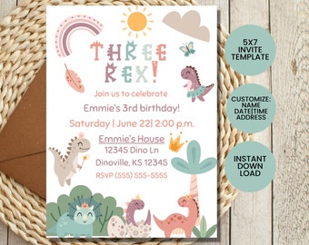 Girls Three Rex Birthday Invite: Pastel Dinosaur Party (Canva Template)