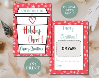 May include: A set of two Christmas-themed cards. One card features a coffee cup design with the text "Sending you a cup of Holiday Cheer! Merry Christmas!". The other card is a gift card with the text "Merry Christmas!" and space for a gift card.