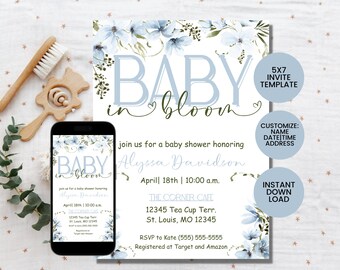 Peut inclure: Une invitation de fête prénatale bleue et verte avec un motif floral. L'invitation indique "Baby in Bloom" et comprend le nom Alyssa Davidson, la date et l'heure de la fête, ainsi que le lieu. Elle comprend également le texte "RSVP to Kate (555) 555-5555" et "Registered at Target and Amazon".