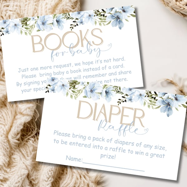 Dusty blue baby in bloom shower cards, Dusty blue baby in bloom books for baby card, Dusty blue baby in bloom diaper raffle card