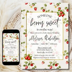 strawberry baby shower invitation retro, Editable Berry Sweet Baby Shower Invitation, Strawberry Baby Shower Invitation Template Retro