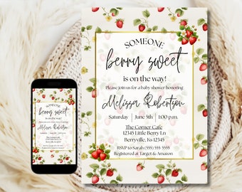 strawberry baby shower invitation retro, Editable Berry Sweet Baby Shower Invitation, Strawberry Baby Shower Invitation Template Retro