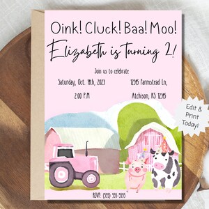 farm birthday invitation girl, Pink farm party, Barnyard birthday party, barnyard birthday invitation, barnyard party, barnyard invite