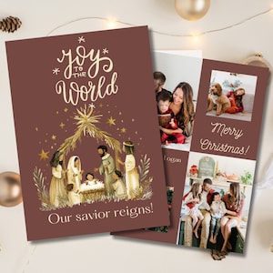Modèle de carte photo de Noël Joy to the world, carte de vœux basée sur la foi, modèle de carte de Noël photo, carte de Noël photo religieuse