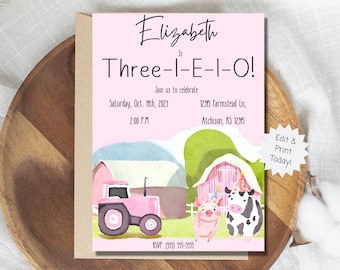 Pink Farm Birthday Invitation: Barnyard Party, Cowgirl Theme (PDF)