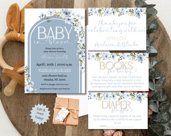 May include: Blue and white floral baby shower invitation with a blue background and the text "Baby in Bloom". The invitation includes the date, time, and location of the shower, as well as the name of the guest of honor. There are also two additional cards for guests to bring books or diapers for the baby.