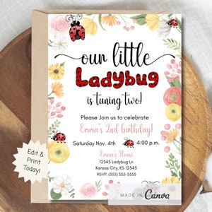 Ladybug invitation template, Editable ladybug invite, spring theme ladybug invite, spring birthday invitation