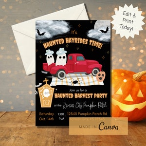 May include: Halloween-themed invitation with a red truck carrying ghosts, a jack-o'-lantern, and the text "It's Haunted Hayrides Time!". The invitation also includes details for a Haunted Harvest Party at the Kansas City Pumpkin Patch.