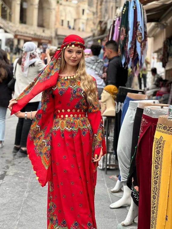 Kurdish Hamavi Traditional Red Kaftan Dress With Floral Patterns