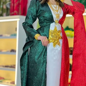 Pode incluir: Um vestido formal com um design de blocos de cores. O vestido apresenta um corpete verde, um centro branco e um lado direito vermelho. Joias de ouro e um adorno em forma de estrela com lantejoulas douradas contribuem para a elegância do vestido.