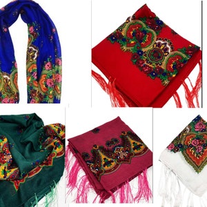 May include: Four different patterned scarves with fringe. The scarves are in blue, red, green, and white with floral and paisley designs.
