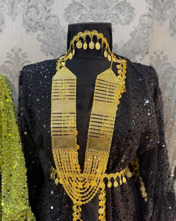 Kurdish Bridal Necklace for Kaftan Fistan Abaya - Gold-Tone Multi-Layer Coin Statement | Newroz & Henna Night | Middle Eastern Arabic Kurdish Bridal Necklace for Kaftan Fistan Abaya - Gold-Tone Multi-Layer Coin Statement | Newroz & Henna Night | Middle Eastern Arabic