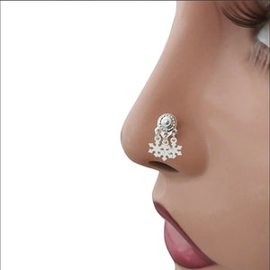 Kurdish Nose Stud, Nose Piercing, Nose Ring Mardin Filigree Three Pendant Snowflake White Silver Nose Stud