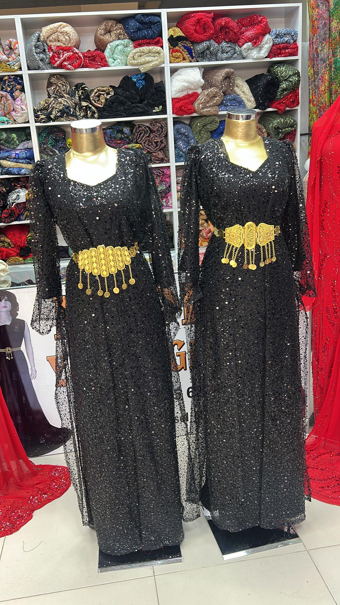 Custom Made Kurdish Dress – Black Sequin Kaftan With Gold Belt