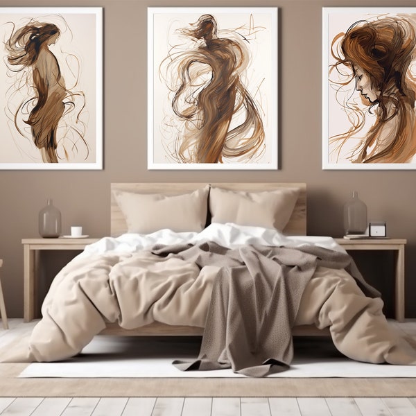 Conjunto de 3 arte de pared de mujeres boho - arte de pared imprimible para la decoración del hogar boho femenino y moderno - arte abstracto de mujer boho en colores neutros