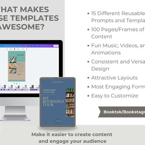 Computer and phone screens showing Canva templates with book-themed designs listed as easy to customize and versatile for social media