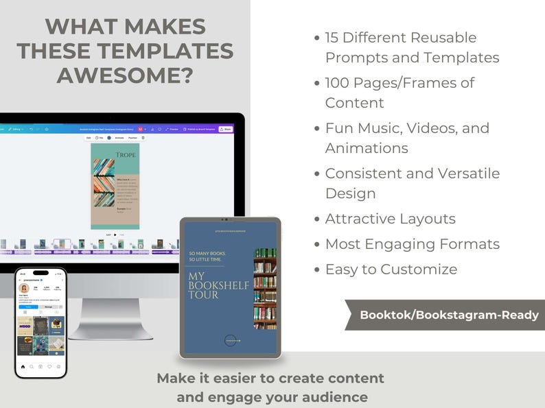 Computer and phone screens showing Canva templates with book-themed designs listed as easy to customize and versatile for social media