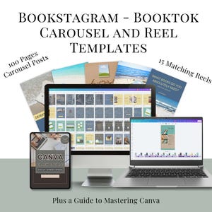 Bookstagram BookTok Canva templates for social media, includes carousel posts and video reels for book lovers, readers, and authors.