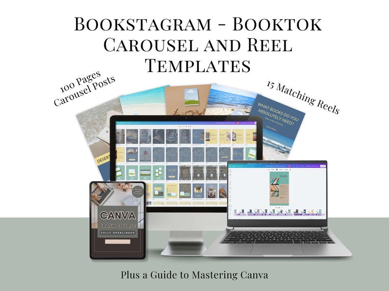 Bookstagram BookTok Canva templates for social media, includes carousel posts and video reels for book lovers, readers, and authors.