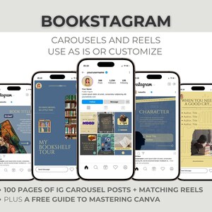 Customizable Bookstagram Canva templates for Instagram posts and reels, perfect for book-themed social media content. Mockup shows five smartphones displaying Instagram posts with a book theme. The screens show book covers, text, and the words "BOOKSTAGRAM" and "CAROUSELS AND REELS."