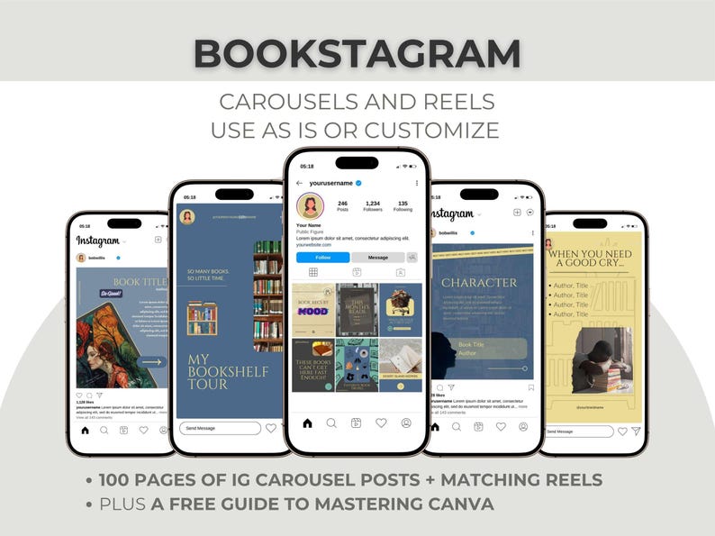 Customizable Bookstagram Canva templates for Instagram posts and reels, perfect for book-themed social media content. Mockup shows five smartphones displaying Instagram posts with a book theme. The screens show book covers, text, and the words "BOOKSTAGRAM" and "CAROUSELS AND REELS."