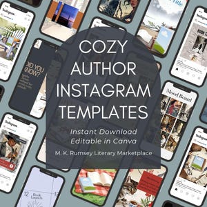 Può includere: Diversi smartphone mostrano "Cozy Author Instagram Templates". I modelli presentano grafica e testo relativi ai libri, tra cui "Book Title" e "Mood Board". Il design è presentato su uno sfondo grigio.