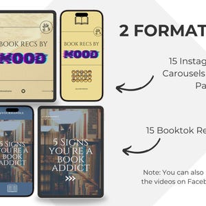 Canva book templates for Instagram and TikTok, featuring carousel and reel designs for social media. The image displays two tablets and two phones with text that reads "BOOK RECS BY MOOD" and "5 SIGNS YOU'RE A BOOK ADDICT".