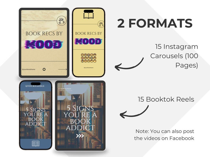 Canva book templates for Instagram and TikTok, featuring carousel and reel designs for social media. The image displays two tablets and two phones with text that reads "BOOK RECS BY MOOD" and "5 SIGNS YOU'RE A BOOK ADDICT".