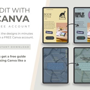 Easily create engaging Bookstagram posts with these customizable Canva templates for instant download. A digital design showcasing four tablet screens with book-themed layouts.