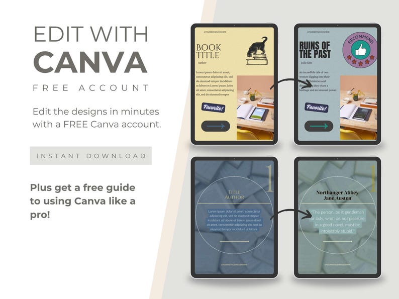 Easily create engaging Bookstagram posts with these customizable Canva templates for instant download. A digital design showcasing four tablet screens with book-themed layouts.