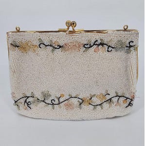 Vintage White & Pastel Floral Beaded Clutch Purse – Made in Japan