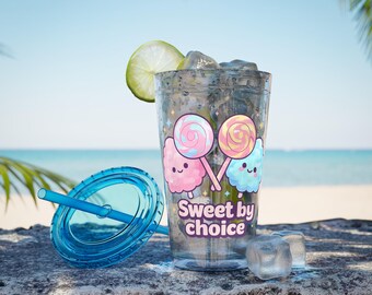Vaso con pajita de 16 oz "Sweet by Choice" de personajes de algodón de azúcar