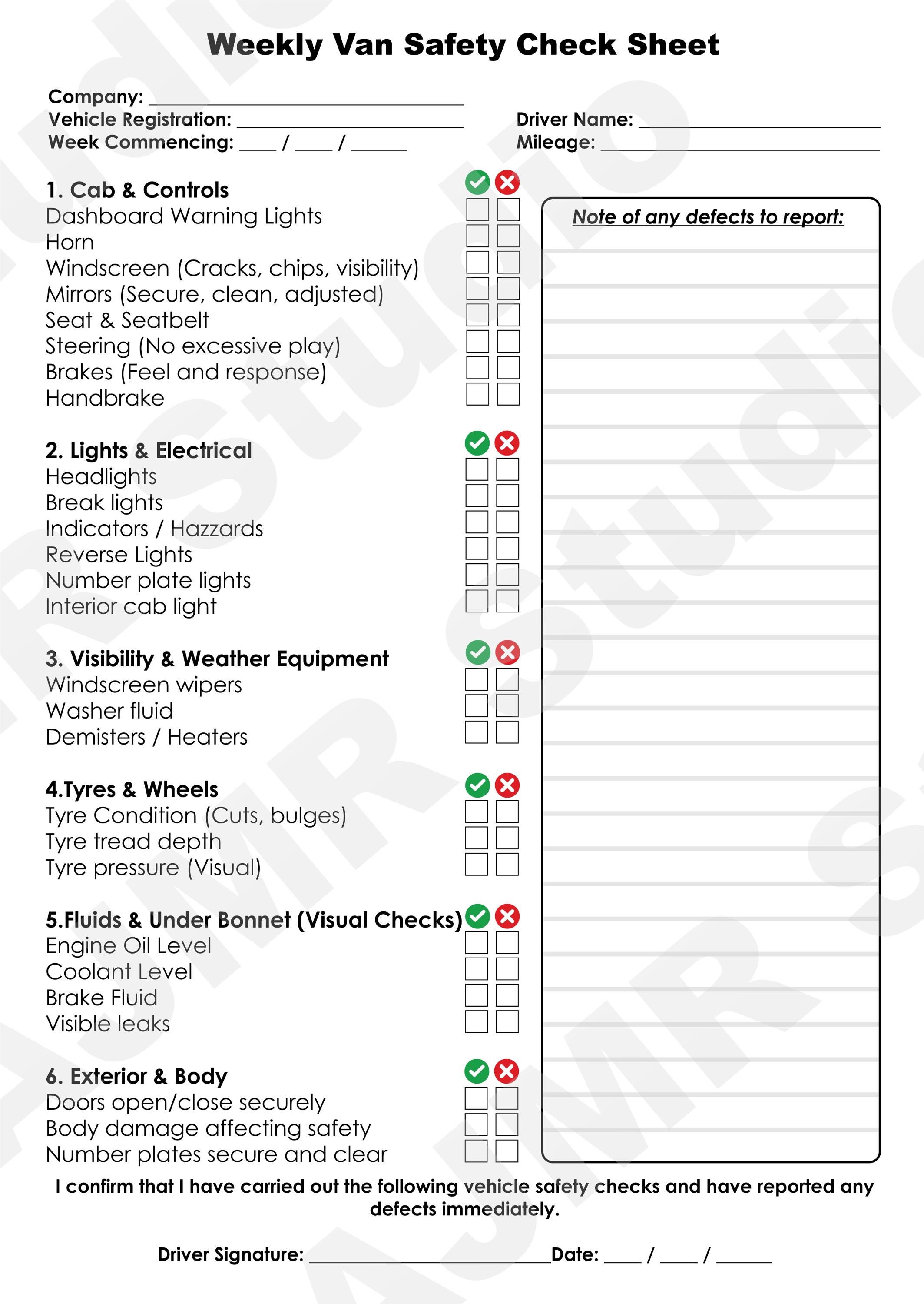 Weekly Van Safety Check Sheet, Printable Vehicle Inspection Form (PDF ...
