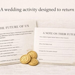 Puede incluir: Juego de actividades de boda con dos tarjetas y tres fichas doradas. Las tarjetas tienen preguntas sobre el futuro y una nota sobre el futuro. Las fichas tienen los números 5, 20 y 50.