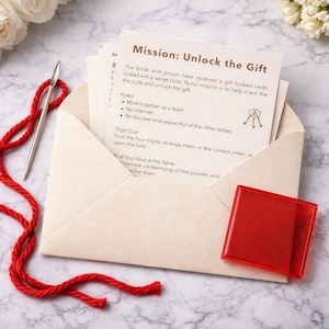 Puede incluir: Un sobre blanquecino que contiene una tarjeta impresa con el texto "Mission: Unlock the Gift" e instrucciones. También hay un cuadrado rojo y una aguja con hilo rojo. El tema es un juego de bodas.