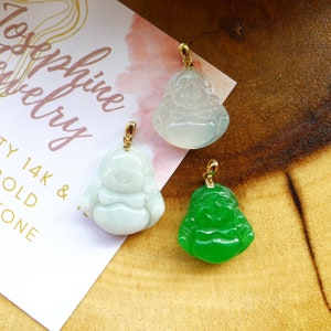 Śmiejący się Budda Jade Wisiorek Dla Mamy Prezent Solidne Złoto Naturalny Prawdziwy Kamień Jade Budda Jade Budda Szczęśliwy Talizman Szczęśliwy Jade Minimalistyczny Talizman