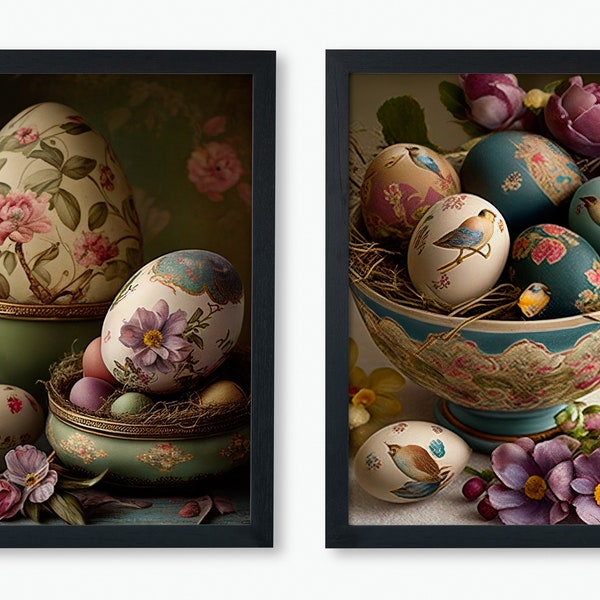 Huevos de Pascua Vintage Print / Juego de 2 / Impresión digital / Arte descargable / Cartel imprimible / Lienzo de huevos de Pascua