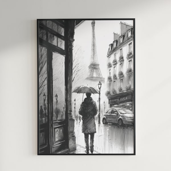 Paris Pencil Drawing | Digital Print | Downloadable Art | Printable Poster | Black and White France Scene Canvas | Eiffel Tower