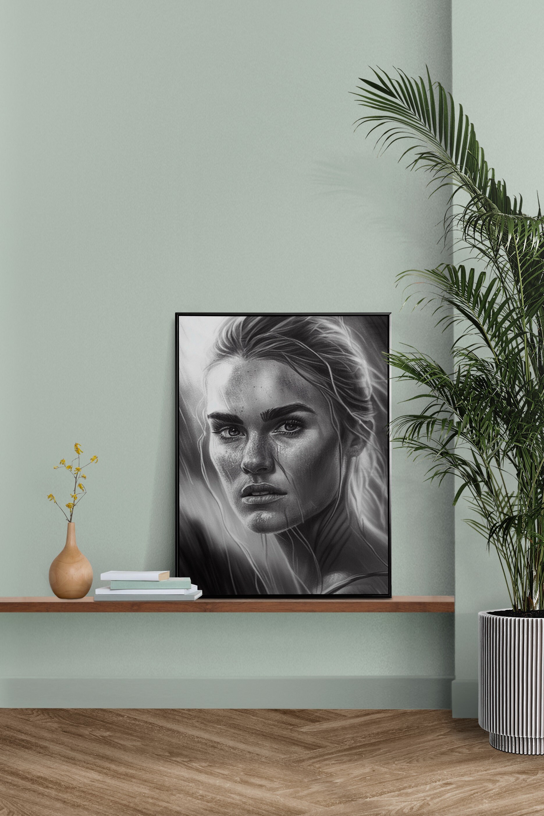 Woman Portrait Pencil Drawing Digital Art Downloadable Poster for