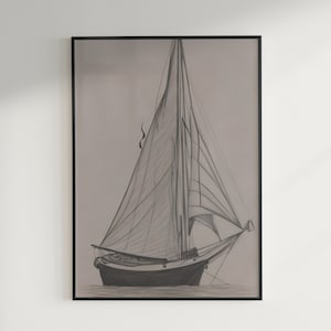 Dibujo a lápiz digital / Velero / Arte descargable / Póster imprimible / Barco blanco y negro