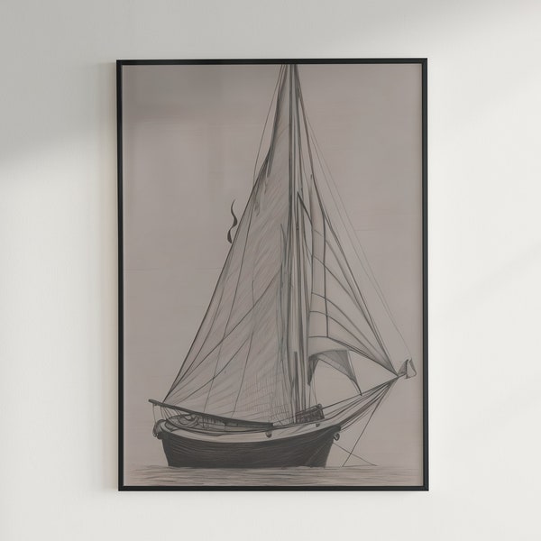 Digital Pencil Drawing | Sailing Boat | Downloadable Art | Printable Poster | Black and White Boat